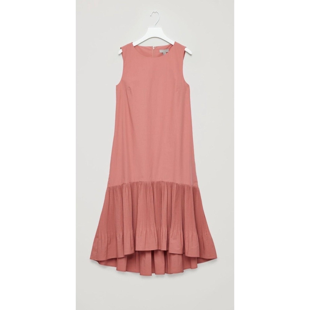 COS Dress Women 8 Muted Pink Pleated Ruffle Hem Midi High-Low Sleeveless Pockets - Picture 2 of 10